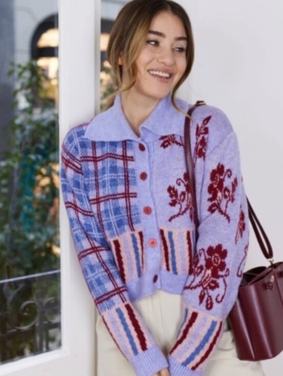 Zara Sweaters - Zara Jacquard Plaid Flora Multi-Pattern Knit Button Cardigan Purple Small